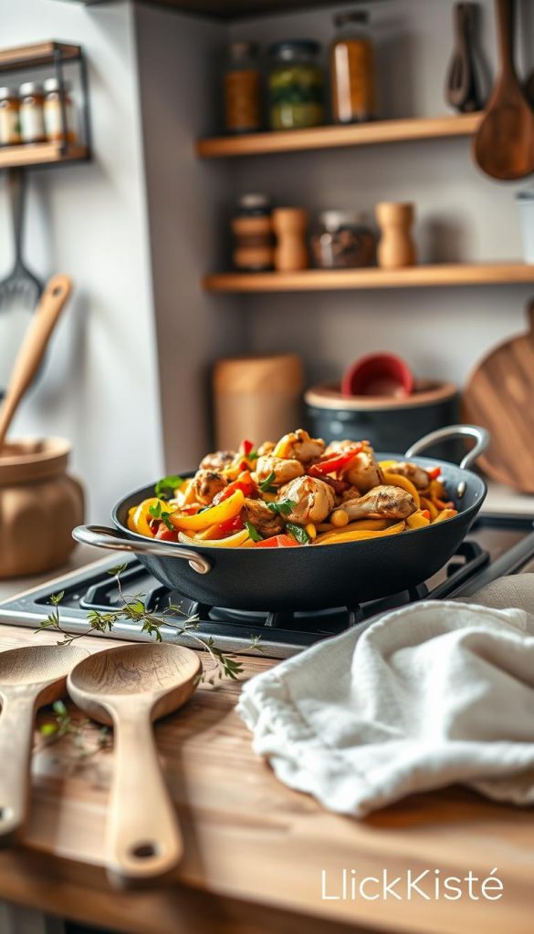 A beautifully arranged kitchen scene featuring a traditional "pfanne" (frying pan) as the centerpiece. The pfanne is filled with a vibrant stir-fry of colorful vegetables and sizzling chicken, showcasing a delicious one-pot meal. In the foreground, wooden utensils and a sprig of fresh herbs are laid out for an authentic touch. The middle ground features the pfanne on a rustic stove, while a soft, warm light bathes the whole scene, enhancing the appetizing colors of the food. In the background, shelves filled with cooking spices and neatly organized kitchen tools add depth, creating a cozy atmosphere. The aesthetic is inspired by Pinterest, highlighting natural, warm colors with an inviting, homemade vibe. The brand "KlickKiste" can be subtly implied by the choice of the stylish cookware and accessories. A beautifully arranged kitchen scene featuring a traditional "pfanne" (frying pan) as the centerpiece. The pfanne is filled with a vibrant stir-fry of colorful vegetables and sizzling chicken, showcasing a delicious one-pot meal. In the foreground, wooden utensils and a sprig of fresh herbs are laid out for an authentic touch. The middle ground features the pfanne on a rustic stove, while a soft, warm light bathes the whole scene, enhancing the appetizing colors of the food. In the background, shelves filled with cooking spices and neatly organized kitchen tools add depth, creating a cozy atmosphere. The aesthetic is inspired by Pinterest, highlighting natural, warm colors with an inviting, homemade vibe. The brand "KlickKiste" can be subtly implied by the choice of the stylish cookware and accessories.
