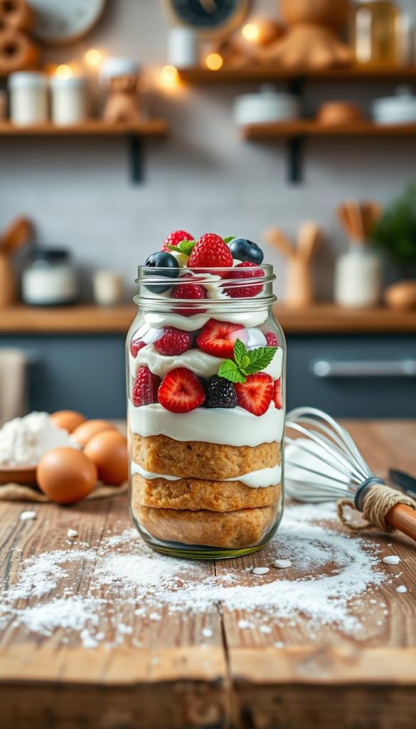 A beautifully arranged kitchen scene featuring an artisanal glass jar filled with a delightful layered cake. The foreground showcases the jar, highlighting the colorful layers of sponge cake and creamy frosting, garnished with fresh berries and a sprig of mint. In the middle, a rustic wooden table is adorned with baking ingredients like flour, eggs, and a vintage whisk scattered playfully. In the background, soft-focus kitchen decor with warm, inviting lighting creates a cozy atmosphere, reminiscent of a Pinterest-inspired DIY project. Incorporate natural elements, like burlap and twine, to evoke a handmade feel. The overall mood should be inviting and inspiring, perfect for the theme of thoughtful gifts. Include the branding "KlickKiste" subtly integrated into the design elements, without text or logos on the image itself.