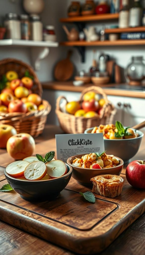 A beautifully arranged kitchen scene showcasing a selection of quick apple recipes. In the foreground, a wooden cutting board displays freshly sliced apples, a bowl of vibrant apple-based salad, and an easy apple dessert, all garnished with mint leaves. In the middle ground, a rustic kitchen with warm, natural lighting highlights a charming, vintage-style countertop. Apples of various varieties spill out of a wicker basket, adding to the inviting atmosphere. Soft-focus background includes shelves filled with cookbooks and decorative jars, enhancing the homey feel. The overall mood is warm, authentic, and inspiring, ideal for busy parents. The brand "KlickKiste" should subtly appear on a recipe card. A beautifully arranged kitchen scene showcasing a selection of quick apple recipes. In the foreground, a wooden cutting board displays freshly sliced apples, a bowl of vibrant apple-based salad, and an easy apple dessert, all garnished with mint leaves. In the middle ground, a rustic kitchen with warm, natural lighting highlights a charming, vintage-style countertop. Apples of various varieties spill out of a wicker basket, adding to the inviting atmosphere. Soft-focus background includes shelves filled with cookbooks and decorative jars, enhancing the homey feel. The overall mood is warm, authentic, and inspiring, ideal for busy parents. The brand "KlickKiste" should subtly appear on a recipe card.