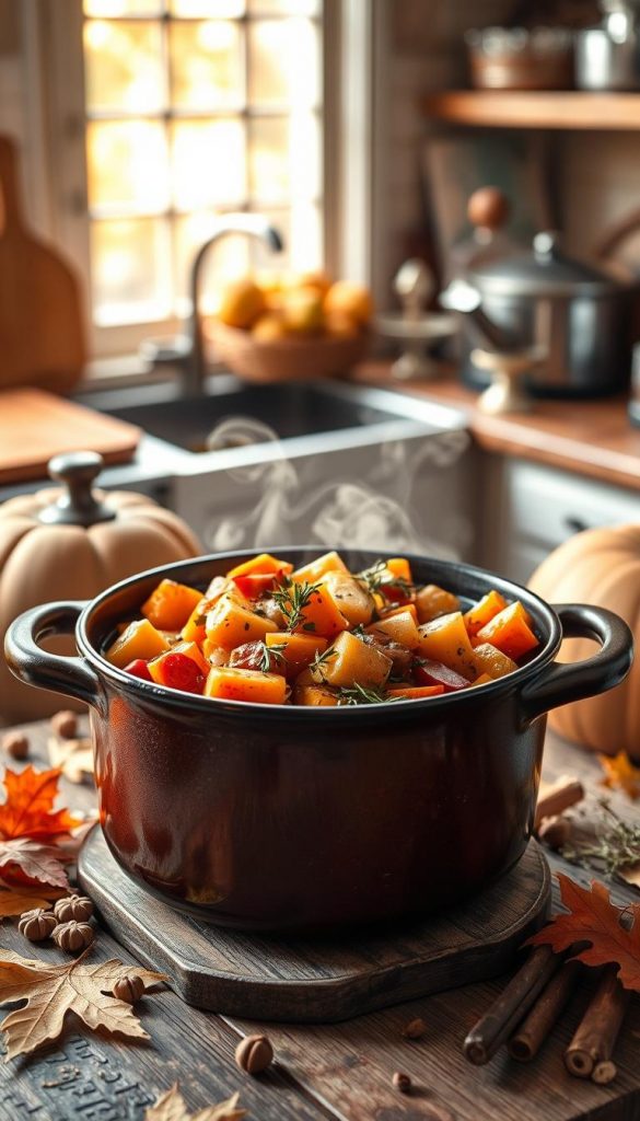 A beautifully arranged kitchen scene showcasing a traditional pot filled with a hearty autumn stew, rich with colorful vegetables like carrots, potatoes, and herbs. The pot, made of polished cast iron, sits on a rustic wooden table. Surrounding it, there are earthy autumn leaves and scattered spices, creating a cozy atmosphere. In the background, soft golden lighting filters through a window, casting warm glows on the surrounding kitchenware. A hint of steam rises from the pot, suggesting warmth and comfort. The overall mood is inviting and homey, emphasizing the ease of preparing hearty fall dishes. The aesthetic should align with a natural, Pinterest-worthy style, showcasing the essence of "KlickKiste." The focus should capture the essence of simple yet delicious autumn cooking. A beautifully arranged kitchen scene showcasing a traditional pot filled with a hearty autumn stew, rich with colorful vegetables like carrots, potatoes, and herbs. The pot, made of polished cast iron, sits on a rustic wooden table. Surrounding it, there are earthy autumn leaves and scattered spices, creating a cozy atmosphere. In the background, soft golden lighting filters through a window, casting warm glows on the surrounding kitchenware. A hint of steam rises from the pot, suggesting warmth and comfort. The overall mood is inviting and homey, emphasizing the ease of preparing hearty fall dishes. The aesthetic should align with a natural, Pinterest-worthy style, showcasing the essence of "KlickKiste." The focus should capture the essence of simple yet delicious autumn cooking.