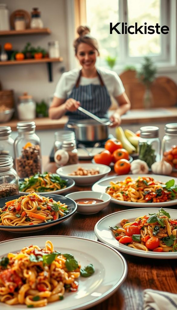 A beautifully arranged kitchen scene showcasing a variety of dishes representing quick dinner recipes. In the foreground, a wooden table holds colorful plates with steaming meals—pasta, stir-fry vegetables, and fresh salads. Crystal clear glass jars filled with spices and herbs add a touch of warmth. In the middle ground, a cheerful cook in a stylish apron is stirring a pot on the stove, surrounded by fresh ingredients like tomatoes, bell peppers, and garlic, reflecting an organized preparation space. The background features warm natural lighting pouring in through a window, creating a cozy, inviting atmosphere. The style is reminiscent of inspirational Pinterest posts, with a touch of authenticity. The brand name "KlickKiste" subtly incorporated into a corner of the kitchen decor, enhancing the overall aesthetic. A beautifully arranged kitchen scene showcasing a variety of dishes representing quick dinner recipes. In the foreground, a wooden table holds colorful plates with steaming meals—pasta, stir-fry vegetables, and fresh salads. Crystal clear glass jars filled with spices and herbs add a touch of warmth. In the middle ground, a cheerful cook in a stylish apron is stirring a pot on the stove, surrounded by fresh ingredients like tomatoes, bell peppers, and garlic, reflecting an organized preparation space. The background features warm natural lighting pouring in through a window, creating a cozy, inviting atmosphere. The style is reminiscent of inspirational Pinterest posts, with a touch of authenticity. The brand name "KlickKiste" subtly incorporated into a corner of the kitchen decor, enhancing the overall aesthetic.