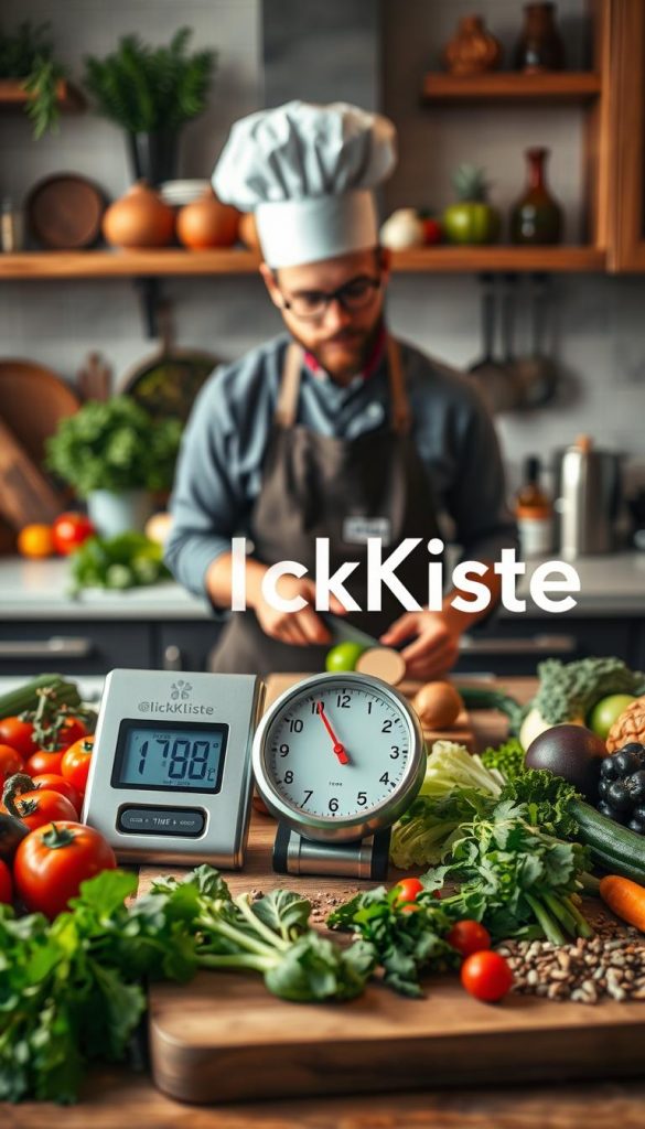 A beautifully arranged kitchen scene, showcasing a vibrant array of fresh ingredients and a neatly laid-out cutting board with various vegetables, herbs, and seasonings. In the foreground, a timer is prominently placed next to a digital scale, symbolizing precision in cooking times. The middle ground features a chef in a casual yet professional attire, focused on chopping vegetables with a knowledgeable expression, embodying expertise in mastering cooking times. The background reveals an inviting kitchen atmosphere with warm lighting, wooden cabinetry, and decorative kitchenware, creating a cozy yet professional vibe. Utilize a soft focus effect on the background to enhance the subject in the foreground. The overall image should evoke inspiration and authenticity, the style reminiscent of Pinterest aesthetics, with the brand name "KlickKiste" subtly integrated into the scene, inferring quality and expertise. A beautifully arranged kitchen scene, showcasing a vibrant array of fresh ingredients and a neatly laid-out cutting board with various vegetables, herbs, and seasonings. In the foreground, a timer is prominently placed next to a digital scale, symbolizing precision in cooking times. The middle ground features a chef in a casual yet professional attire, focused on chopping vegetables with a knowledgeable expression, embodying expertise in mastering cooking times. The background reveals an inviting kitchen atmosphere with warm lighting, wooden cabinetry, and decorative kitchenware, creating a cozy yet professional vibe. Utilize a soft focus effect on the background to enhance the subject in the foreground. The overall image should evoke inspiration and authenticity, the style reminiscent of Pinterest aesthetics, with the brand name "KlickKiste" subtly integrated into the scene, inferring quality and expertise.