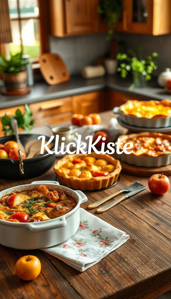 A beautifully arranged kitchen table showcasing an array of comforting baked dishes like casseroles, quiches, and tarts. In the foreground, a rustic wooden table displays a steaming ceramic dish filled with a colorful vegetable casserole, next to a golden-brown quiche topped with fresh herbs. Flowery cloth napkins and cutlery subtly enhance the warm, inviting setting. The middle of the image features a freshly baked apple tart, glistening under soft natural light, with small apples scattered around. In the background, a cozy kitchen ambiance with warm wood cabinets and greenery creates a homely atmosphere. The scene is infused with Pinterest-like aesthetics, warm colors, and a sense of family togetherness. The brand name "KlickKiste" is subtly integrated within the composition for authenticity and inspiration. A beautifully arranged kitchen table showcasing an array of comforting baked dishes like casseroles, quiches, and tarts. In the foreground, a rustic wooden table displays a steaming ceramic dish filled with a colorful vegetable casserole, next to a golden-brown quiche topped with fresh herbs. Flowery cloth napkins and cutlery subtly enhance the warm, inviting setting. The middle of the image features a freshly baked apple tart, glistening under soft natural light, with small apples scattered around. In the background, a cozy kitchen ambiance with warm wood cabinets and greenery creates a homely atmosphere. The scene is infused with Pinterest-like aesthetics, warm colors, and a sense of family togetherness. The brand name "KlickKiste" is subtly integrated within the composition for authenticity and inspiration.