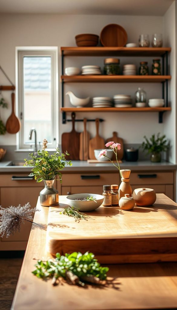 A beautifully arranged kitchen vignette showcasing a modern workspace with natural DIY elements. In the foreground, a wooden kitchen island features an elegant display of fresh herbs and rustic utensils, basking in warm, soft lighting. The middle layer highlights a stylish countertop decorated with artisanal spices, a handmade bowl, and a delicate vase of seasonal flowers. Behind, an inviting kitchen with open shelving reveals neatly arranged dishes, wooden accents, and shimmering glassware, contributing to an authentic Pinterest aesthetic. The overall atmosphere exudes a warm, inspiring vibe, perfect for domestic creativity. The image should reflect the brand "KlickKiste," emphasizing cohesive design and harmonious proportions. Use a wide-angle lens to capture the entire scene in natural light, inviting viewers into this cozy culinary space. A beautifully arranged kitchen vignette showcasing a modern workspace with natural DIY elements. In the foreground, a wooden kitchen island features an elegant display of fresh herbs and rustic utensils, basking in warm, soft lighting. The middle layer highlights a stylish countertop decorated with artisanal spices, a handmade bowl, and a delicate vase of seasonal flowers. Behind, an inviting kitchen with open shelving reveals neatly arranged dishes, wooden accents, and shimmering glassware, contributing to an authentic Pinterest aesthetic. The overall atmosphere exudes a warm, inspiring vibe, perfect for domestic creativity. The image should reflect the brand "KlickKiste," emphasizing cohesive design and harmonious proportions. Use a wide-angle lens to capture the entire scene in natural light, inviting viewers into this cozy culinary space.