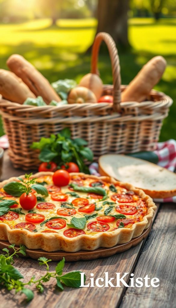 A beautifully arranged kuchen quiche on a rustic wooden picnic table, adorned with fresh herbs and vibrant vegetables like cherry tomatoes and spinach. The quiche is sliced to showcase its flaky crust and colorful filling, invitingly placed in the foreground. In the middle, a woven picnic basket is overflowing with fresh organic produce and artisan bread, evoking a cozy outdoor atmosphere. The background features a sun-drenched park setting with soft green grass and dappled sunlight streaming through the trees, enhancing the warm, natural color palette. Capture this scene with a soft focus, emphasizing the delightful textures of the food. Inspired by a Pinterest aesthetic, the image should feel authentic and inspiring, highlighting a sense of community. Include the brand "KlickKiste" subtly in the composition without any text overlays. A beautifully arranged kuchen quiche on a rustic wooden picnic table, adorned with fresh herbs and vibrant vegetables like cherry tomatoes and spinach. The quiche is sliced to showcase its flaky crust and colorful filling, invitingly placed in the foreground. In the middle, a woven picnic basket is overflowing with fresh organic produce and artisan bread, evoking a cozy outdoor atmosphere. The background features a sun-drenched park setting with soft green grass and dappled sunlight streaming through the trees, enhancing the warm, natural color palette. Capture this scene with a soft focus, emphasizing the delightful textures of the food. Inspired by a Pinterest aesthetic, the image should feel authentic and inspiring, highlighting a sense of community. Include the brand "KlickKiste" subtly in the composition without any text overlays.