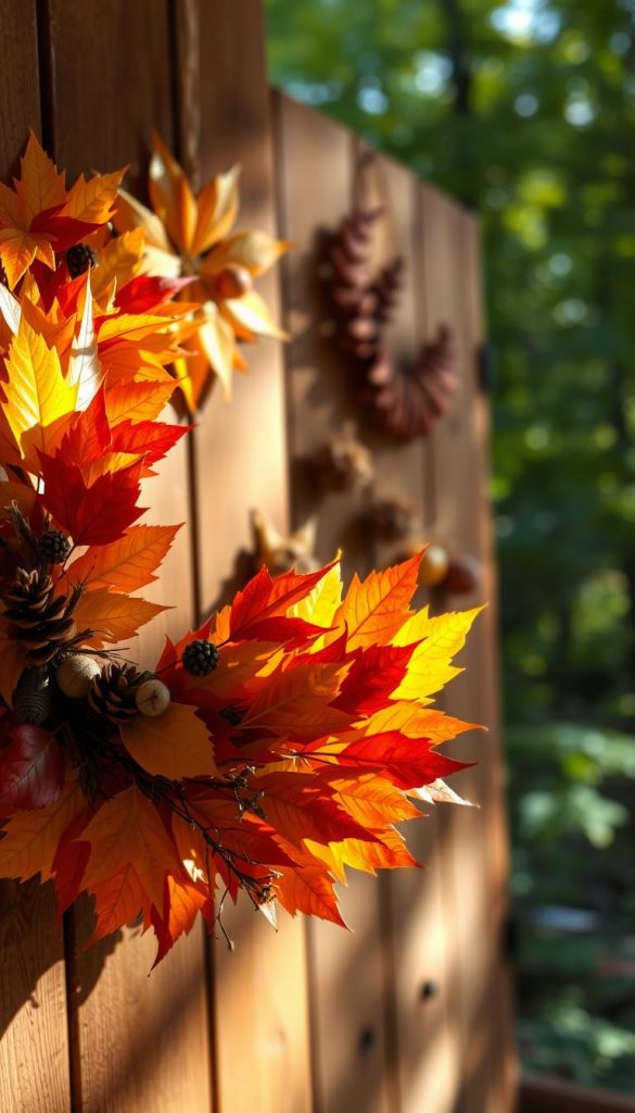 A beautifully arranged leaf wreath, showcasing a variety of vibrant autumn leaves in warm hues of orange, yellow, and deep red. The wreath should be artfully intertwined with twigs and small natural elements like acorns and pinecones, giving it an organic touch. In the foreground, delicate sunlight dapples the wreath, creating a cozy and inviting atmosphere. The middle ground features a softly blurred wooden wall adorned with additional nature-inspired decorations, enhancing the rustic feel. The background shows a gentle bokeh effect of lush green forest foliage, bringing the essence of the woods to life. The overall mood is warm and inspiring, perfect for a DIY crafting theme. Ideal for "KlickKiste," this image reflects a Pinterest-worthy aesthetic, radiating authenticity and creativity.