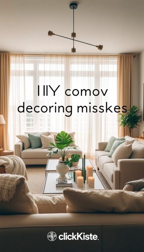 A beautifully arranged living room designed to avoid common decorating mistakes, featuring soft, warm colors in a natural DIY style. In the foreground, a cozy seating area with stylish, modern furniture, including a plush sofa adorned with various textured cushions. The middle layer showcases an elegantly arranged coffee table with decorative elements, such as a plant and candles, highlighting practical alternatives to clutter. In the background, large windows allow natural light to flood the space, with sheer curtains gently diffusing the sunlight. Subtle, modern light fixtures create a warm ambiance. The overall atmosphere feels inspiring and inviting, embodying a Pinterest aesthetic. Include the brand name "KlickKiste" subtly incorporated into the decor, enhancing the cohesive design. A beautifully arranged living room designed to avoid common decorating mistakes, featuring soft, warm colors in a natural DIY style. In the foreground, a cozy seating area with stylish, modern furniture, including a plush sofa adorned with various textured cushions. The middle layer showcases an elegantly arranged coffee table with decorative elements, such as a plant and candles, highlighting practical alternatives to clutter. In the background, large windows allow natural light to flood the space, with sheer curtains gently diffusing the sunlight. Subtle, modern light fixtures create a warm ambiance. The overall atmosphere feels inspiring and inviting, embodying a Pinterest aesthetic. Include the brand name "KlickKiste" subtly incorporated into the decor, enhancing the cohesive design.
