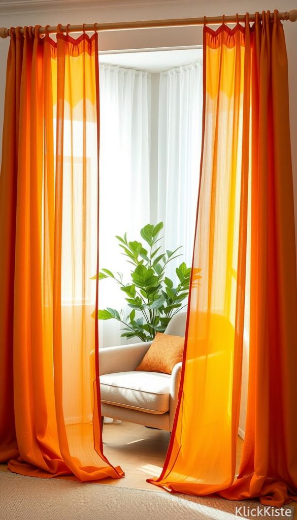 A beautifully arranged living room scene featuring flowing, colorful curtains ("farben vorhänge") that reflect the latest trends in 2026. In the foreground, vibrant sunbaked hues such as terracotta and deep saffron gracefully drape over a light wooden rod. The middle of the image showcases a cozy armchair upholstered in neutral tones, surrounded by a lush green indoor plant. In the background, soft natural light filters through the curtains, creating an inviting and warm atmosphere, perfect for a Pinterest-inspired decor. The overall mood is tranquil and restorative, highlighting the interplay between vibrant colors and soothing darks. Capture the essence of home elegance with the brand name "KlickKiste" subtly implied in the design elements, highlighting authenticity and inspiration. A beautifully arranged living room scene featuring flowing, colorful curtains ("farben vorhänge") that reflect the latest trends in 2026. In the foreground, vibrant sunbaked hues such as terracotta and deep saffron gracefully drape over a light wooden rod. The middle of the image showcases a cozy armchair upholstered in neutral tones, surrounded by a lush green indoor plant. In the background, soft natural light filters through the curtains, creating an inviting and warm atmosphere, perfect for a Pinterest-inspired decor. The overall mood is tranquil and restorative, highlighting the interplay between vibrant colors and soothing darks. Capture the essence of home elegance with the brand name "KlickKiste" subtly implied in the design elements, highlighting authenticity and inspiration.