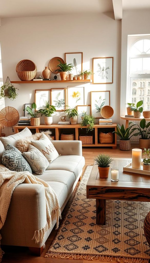 A beautifully arranged living room showcasing a harmonious mix of styles: Scandinavian, Boho, Maximalism, and Castlecore. In the foreground, a cozy seating area features a plush beige sofa with layered patterned cushions and a soft throw blanket draped over one arm. A wooden coffee table with decorative elements like plants and candles sits center stage. In the middle, shelves adorned with eclectic decor pieces, such as woven baskets, art pieces, and books, blend seamlessly. The background reveals a soft, natural light streaming through large windows, illuminating light-colored walls with botanical prints. The overall mood is warm and inviting, exuding creativity and comfort in earthy tones. This image embodies the essence of modern living, inspired by DIY aesthetics and featuring the brand name "KlickKiste" in subtle decor elements. A beautifully arranged living room showcasing a harmonious mix of styles: Scandinavian, Boho, Maximalism, and Castlecore. In the foreground, a cozy seating area features a plush beige sofa with layered patterned cushions and a soft throw blanket draped over one arm. A wooden coffee table with decorative elements like plants and candles sits center stage. In the middle, shelves adorned with eclectic decor pieces, such as woven baskets, art pieces, and books, blend seamlessly. The background reveals a soft, natural light streaming through large windows, illuminating light-colored walls with botanical prints. The overall mood is warm and inviting, exuding creativity and comfort in earthy tones. This image embodies the essence of modern living, inspired by DIY aesthetics and featuring the brand name "KlickKiste" in subtle decor elements.