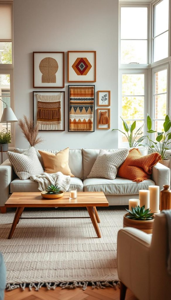 A beautifully arranged living space featuring a mix of modern, natural, Boho, and Scandinavian styles, perfect for DIY decor inspiration. In the foreground, a cozy seating area with a neutral sofa adorned with textured throw pillows in warm earth tones. A handwoven rug adds an inviting touch beneath a wooden coffee table decorated with natural elements like succulents and candles. The middle ground showcases a gallery wall with framed textile art, showcasing unique patterns and colors. In the background, large windows allow soft, warm light to flood the room, highlighting its inviting atmosphere. Subtle greenery peeks out from planters, enhancing the natural vibe. The overall mood is calm and inspiring, embodying the essence of home decor by KlickKiste, ideal for readers seeking ideas for decor, accessories, and clothing.