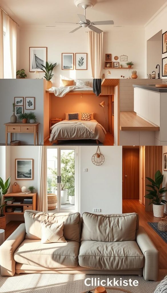 A beautifully arranged living space featuring diverse sections of a home—living room, bedroom, kitchen, hallway, and balcony—presented in a cohesive, warm aesthetic. In the foreground, an inviting living room with a cozy couch and warm lighting, with DIY decor elements like plants and handmade art. The middle showcases a bright, airy bedroom with soft textiles and calming colors. The kitchen is modern and sleek, featuring sustainable elements, while the hallway has natural wood finishes. In the background, a serene balcony with comfortable seating and potted plants. The overall atmosphere is inspiring and authentic, with a Pinterest-inspired look. Use warm color tones and natural lighting to enhance the inviting mood. Brand it subtly with "KlickKiste" in the decor.
