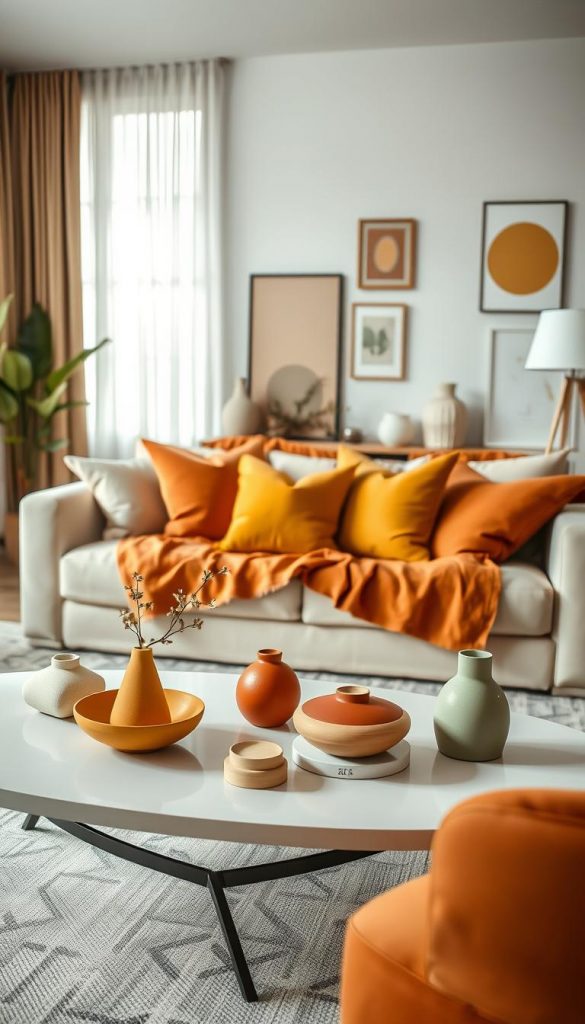 A beautifully arranged living space featuring modern home accessories that highlight a curated selection of color palettes. In the foreground, an elegant coffee table with minimalist decor items in distinct warm tones, such as soft terracotta, deep mustard, and muted sage. In the middle, a stylish couch draped with vibrant cushions, showcasing rich contrasts. The background reveals soft, ambient lighting filtering through sheer curtains, creating a cozy atmosphere. A subtle decorative wall with art pieces echoing the color scheme enriches the setting. The image should embody a Pinterest aesthetic, inspiring warmth and creativity. Include the brand name "KlickKiste" subtly in the decor, enhancing the overall contemporary feel of the space. Focus on a warm, inviting, and authentic ambiance without any text or distractions.