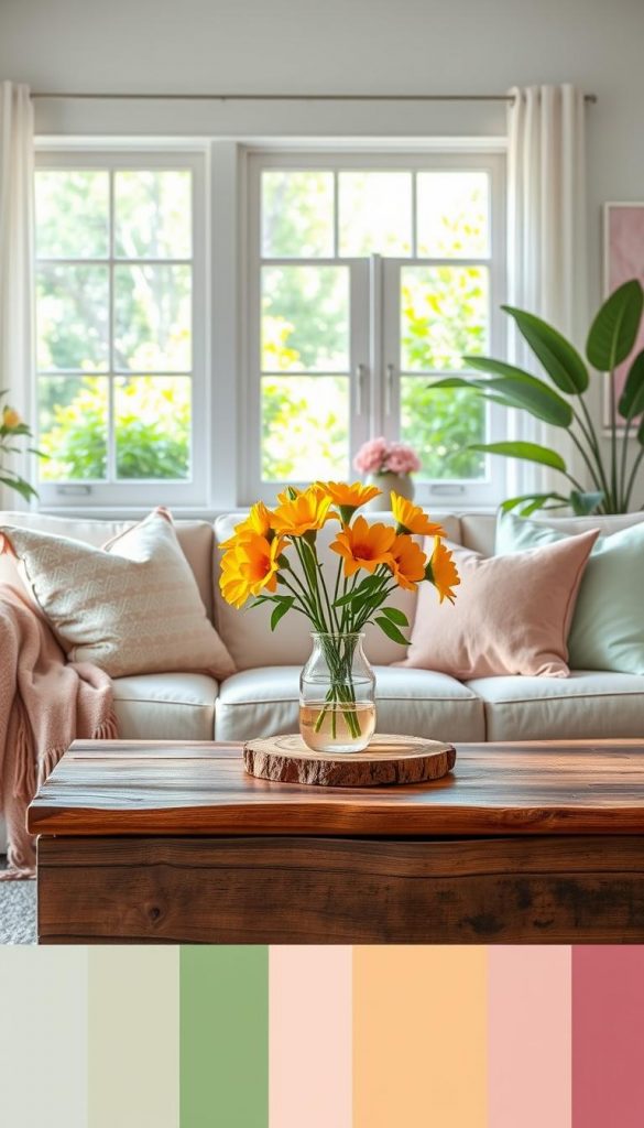A beautifully arranged living space showcasing a harmonious blend of soft pastels and vibrant tropical colors, reflecting the essence of spring. In the foreground, a cozy seating area features plush cushions in blush pink, mint green, and light lavender, adorned with a stylish, patterned throw. The middle layer includes a coffee table crafted from reclaimed wood, artfully topped with a simple vase of fresh flowers in bright yellows and oranges. In the background, a softly lit window reveals lush greenery outside, highlighting the natural light streaming in. The atmosphere is warm and inviting, with an aesthetic reminiscent of Pinterest inspiration. Capturing a balance of comfort and style, reminiscent of the KlickKiste brand, the image conveys authenticity and inspiration, perfect for illustrating dynamic color palettes for spring living.