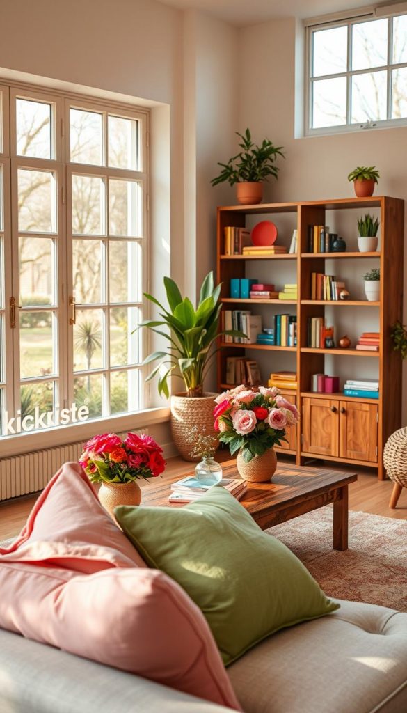 A beautifully arranged living space that captures the essence of spring colors, featuring a harmonious balance of warm and cool hues. In the foreground, a cozy seating area with soft cushions in pastel pinks and greens, accompanied by a rustic wooden coffee table adorned with vibrant flower arrangements. The middle ground showcases a stylish bookshelf with colorful decor items and a carefully placed indoor plant, creating a refreshing vibe. In the background, large windows allow natural light to flood the room, illuminating the space with a golden glow. The lighting is soft and inviting, enhancing the overall mood. A minimalist aesthetic is enhanced by the brand name "KlickKiste" subtly reflected in decorative elements. The atmosphere is authentic and inspiring, embodying a Pinterest-worthy DIY look that emphasizes contrasts in proportion and color dosage.