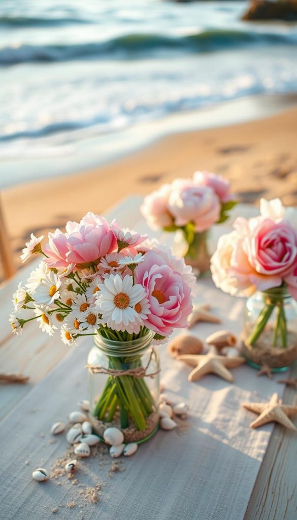 A beautifully arranged maritime table decoration featuring fresh flowers in soft pastel colors, evoking a cozy beach vibe. In the foreground, delicate blooms like daisies and peonies sit in rustic glass jars filled with sand, surrounded by small seashells. The middle layer showcases a light wooden table with a linen table runner, adorned with starfish and pieces of driftwood, enhancing the nautical theme. In the background, gentle waves crash against a sandy shore, hinting at a serene seaside atmosphere. The warm, golden hour lighting creates soft shadows and highlights the vivid colors of the flowers, inviting an authentic, inspiring Pinterest aesthetic. This image represents the brand KlickKiste's focus on natural DIY decor ideas.