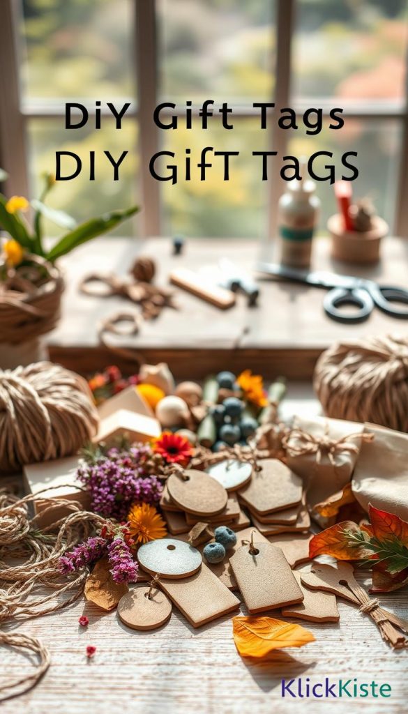 A beautifully arranged material list for DIY gift tags, featuring natural elements like twine, dried flowers, wooden tags, and colorful leaves. In the foreground, showcase various textured materials artfully scattered, with soft, warm colors creating an inviting atmosphere reminiscent of a cozy craft corner. In the middle ground, a rustic wooden table provides a charming backdrop, adorned with neatly organized tools such as scissors and glue, enhancing the sense of a hands-on creative space. The background includes a softly blurred view of a serene nature setting, imparting a fresh and eco-friendly vibe. Natural lighting illuminates the scene, casting gentle shadows, and creating a Pinterest-inspired aesthetic. This is presented in a professional style branded subtly with "KlickKiste" to evoke authenticity and inspiration for sustainable crafting.
