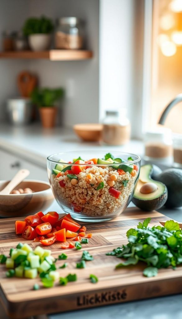 A beautifully arranged meal prep bowl filled with colorful, healthy ingredients, such as quinoa, chickpeas, diced cucumbers, cherry tomatoes, and avocado. The bowl should be made of clear glass, showcasing the vibrant colors of the fresh produce. In the foreground, incorporate a stylish wooden cutting board with an array of chopped vegetables and herbs scattered artistically around. In the middle background, place a sleek kitchen countertop with a few glass jars holding spices and grains. Soft, warm natural lighting illuminates the scene, creating a cozy and inviting atmosphere, reminiscent of a Pinterest aesthetic. The brand "KlickKiste" subtly integrated into the setting without overt branding. Use a slightly angled top-down perspective to enhance the arrangement and depth of the ingredients.
