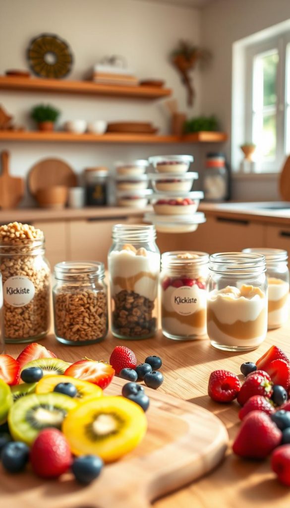 A beautifully arranged meal prep breakfast scene for busy parents, featuring healthy options for children. In the foreground, a wooden cutting board displays colorful fruit slices—kiwis, strawberries, and blueberries—alongside healthy homemade granola in glass jars. In the middle, an organized array of meal prep containers holds creamy yogurt parfaits and oatmeal with toppings. The background features a bright, inviting kitchen filled with soft, natural light streaming through a window, emphasizing warm earth tones and rustic kitchen decor. A stylish logo "KlickKiste" subtly appears on one of the containers. The overall mood is warm, inspiring, and professional, ideal for health-conscious parents looking for meal prep ideas. A beautifully arranged meal prep breakfast scene for busy parents, featuring healthy options for children. In the foreground, a wooden cutting board displays colorful fruit slices—kiwis, strawberries, and blueberries—alongside healthy homemade granola in glass jars. In the middle, an organized array of meal prep containers holds creamy yogurt parfaits and oatmeal with toppings. The background features a bright, inviting kitchen filled with soft, natural light streaming through a window, emphasizing warm earth tones and rustic kitchen decor. A stylish logo "KlickKiste" subtly appears on one of the containers. The overall mood is warm, inspiring, and professional, ideal for health-conscious parents looking for meal prep ideas.