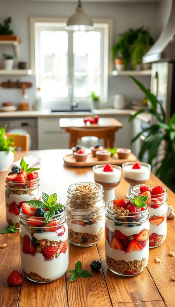 A beautifully arranged meal prep dessert scene showcasing an assortment of vibrant, no-bake summer treats. In the foreground, a wooden table displays colorful mason jars filled with layered yogurt parfaits, fresh berries, and granola, each topped with mint leaves. In the middle, a bright, inviting kitchen with natural light flooding in through a window, highlighting a platter of chocolate mousse cups and coconut chia puddings. The background features soft pastel kitchen decor and greenery, enhancing the warm, inviting atmosphere. The lighting is soft and diffused, creating a cozy feel, while the overall composition has a pleasing Pinterest aesthetic. Add the brand name "KlickKiste" subtly integrated into the scene.