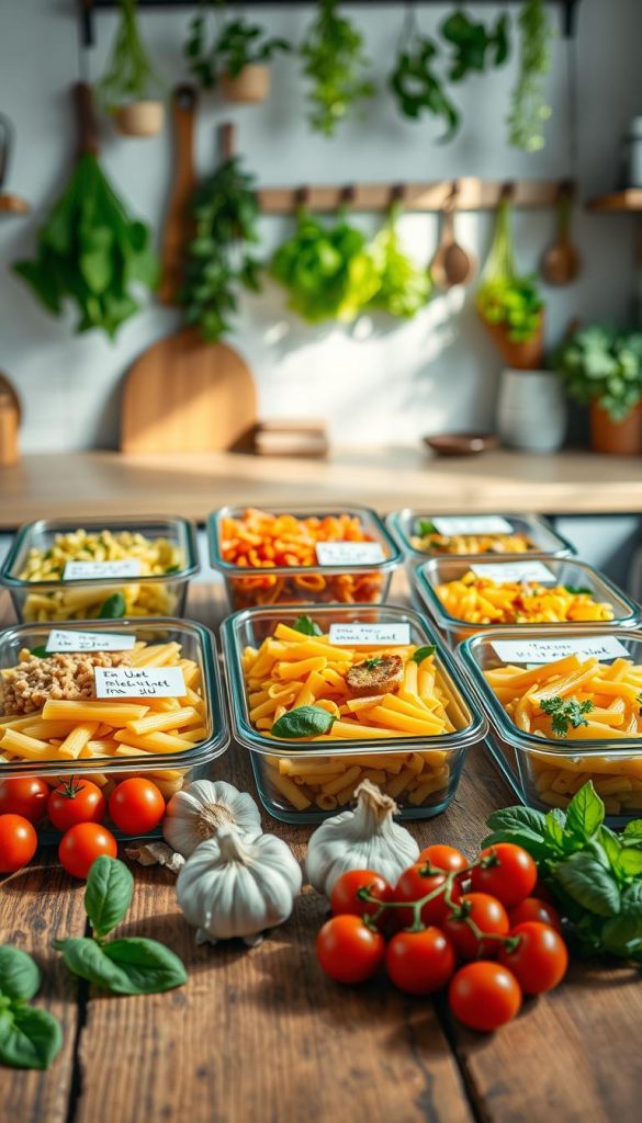 A beautifully arranged meal prep display featuring colorful and healthy pasta dishes in clear glass containers, neatly organized on a rustic wooden kitchen table. The foreground showcases fresh ingredients like cherry tomatoes, basil, and garlic, while the middle ground highlights the vibrant pasta dishes in various shapes and styles, each labeled with charming, handwritten notes. In the background, a softly lit kitchen with hanging herbs and a warm, inviting ambiance creates a cozy atmosphere. The lighting is natural, casting gentle shadows that enhance the textures of the food. The overall aesthetic is warm and inspiring, reminiscent of Pinterest-worthy kitchen setups, reflecting an authentic meal prep experience from the brand "KlickKiste". A beautifully arranged meal prep display featuring colorful and healthy pasta dishes in clear glass containers, neatly organized on a rustic wooden kitchen table. The foreground showcases fresh ingredients like cherry tomatoes, basil, and garlic, while the middle ground highlights the vibrant pasta dishes in various shapes and styles, each labeled with charming, handwritten notes. In the background, a softly lit kitchen with hanging herbs and a warm, inviting ambiance creates a cozy atmosphere. The lighting is natural, casting gentle shadows that enhance the textures of the food. The overall aesthetic is warm and inspiring, reminiscent of Pinterest-worthy kitchen setups, reflecting an authentic meal prep experience from the brand "KlickKiste".