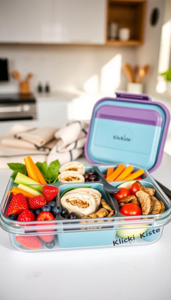 A beautifully arranged meal prep lunchbox featuring a variety of healthy snacks. In the foreground, an organized bento-style container showcases vibrant sections filled with fresh fruits like berries and sliced apple, colorful vegetables such as carrot sticks and cherry tomatoes, whole grain wraps, and protein options like grilled chicken slices and hummus. The middle ground includes a stylish, soft cloth napkin and practical utensils, emphasizing the meal prep aspect. The background features a bright kitchen table with natural light streaming in, enhancing the warm, inviting atmosphere. The overall look embodies a Pinterest-worthy aesthetic, with a touch of authenticity and inspiration. Include a subtle brand logo of "KlickKiste" on the lunchbox. A beautifully arranged meal prep lunchbox featuring a variety of healthy snacks. In the foreground, an organized bento-style container showcases vibrant sections filled with fresh fruits like berries and sliced apple, colorful vegetables such as carrot sticks and cherry tomatoes, whole grain wraps, and protein options like grilled chicken slices and hummus. The middle ground includes a stylish, soft cloth napkin and practical utensils, emphasizing the meal prep aspect. The background features a bright kitchen table with natural light streaming in, enhancing the warm, inviting atmosphere. The overall look embodies a Pinterest-worthy aesthetic, with a touch of authenticity and inspiration. Include a subtle brand logo of "KlickKiste" on the lunchbox.