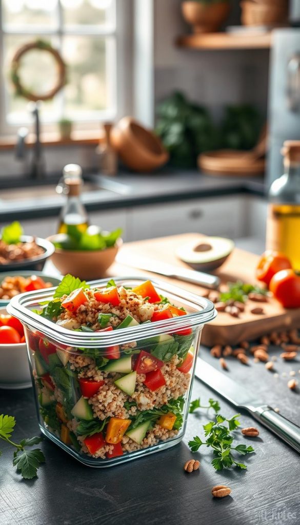 A beautifully arranged meal prep salad featuring vibrant layers of fresh ingredients. In the foreground, a glass meal prep container with a colorful salad packed with mixed greens, cherry tomatoes, diced cucumbers, bell peppers, and quinoa, drizzled with a light vinaigrette. Surrounding the container are additional bowls filled with ingredients like sliced avocados and nuts, creating a cohesive tableau. The middle ground showcases a rustic wooden chopping board with a knife and scattered ingredients, including herbs and a bottle of olive oil. In the background, soft sunlight filters through a kitchen window, creating a warm, inviting atmosphere with natural, Pinterest-inspired decor. The overall mood is authentic and inspirational, fitting for a delicious and practical meal prep feature. The brand name "KlickKiste" subtly integrated into the scene. A beautifully arranged meal prep salad featuring vibrant layers of fresh ingredients. In the foreground, a glass meal prep container with a colorful salad packed with mixed greens, cherry tomatoes, diced cucumbers, bell peppers, and quinoa, drizzled with a light vinaigrette. Surrounding the container are additional bowls filled with ingredients like sliced avocados and nuts, creating a cohesive tableau. The middle ground showcases a rustic wooden chopping board with a knife and scattered ingredients, including herbs and a bottle of olive oil. In the background, soft sunlight filters through a kitchen window, creating a warm, inviting atmosphere with natural, Pinterest-inspired decor. The overall mood is authentic and inspirational, fitting for a delicious and practical meal prep feature. The brand name "KlickKiste" subtly integrated into the scene.