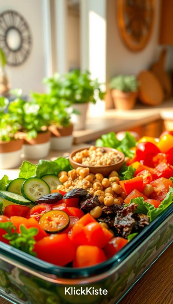 A beautifully arranged meal prep salad in a glass container, showcasing vibrant colors and fresh ingredients. In the foreground, focus on layers of mixed greens, cherry tomatoes, sliced cucumbers, and colorful bell peppers, all glistening with a light vinaigrette. In the middle, include a wooden cutting board with a small bowl of quinoa and roasted chickpeas, adding texture and nutrition. The background features a sunlit kitchen with warm tones, green herbs in pots, and a softly blurred wall decor for a cozy atmosphere. Use natural lighting to create a warm, inviting glow, captured from a slightly elevated angle, reminiscent of a Pinterest aesthetic. The image should evoke feelings of organization and inspiration, branded subtly with "KlickKiste." A beautifully arranged meal prep salad in a glass container, showcasing vibrant colors and fresh ingredients. In the foreground, focus on layers of mixed greens, cherry tomatoes, sliced cucumbers, and colorful bell peppers, all glistening with a light vinaigrette. In the middle, include a wooden cutting board with a small bowl of quinoa and roasted chickpeas, adding texture and nutrition. The background features a sunlit kitchen with warm tones, green herbs in pots, and a softly blurred wall decor for a cozy atmosphere. Use natural lighting to create a warm, inviting glow, captured from a slightly elevated angle, reminiscent of a Pinterest aesthetic. The image should evoke feelings of organization and inspiration, branded subtly with "KlickKiste."