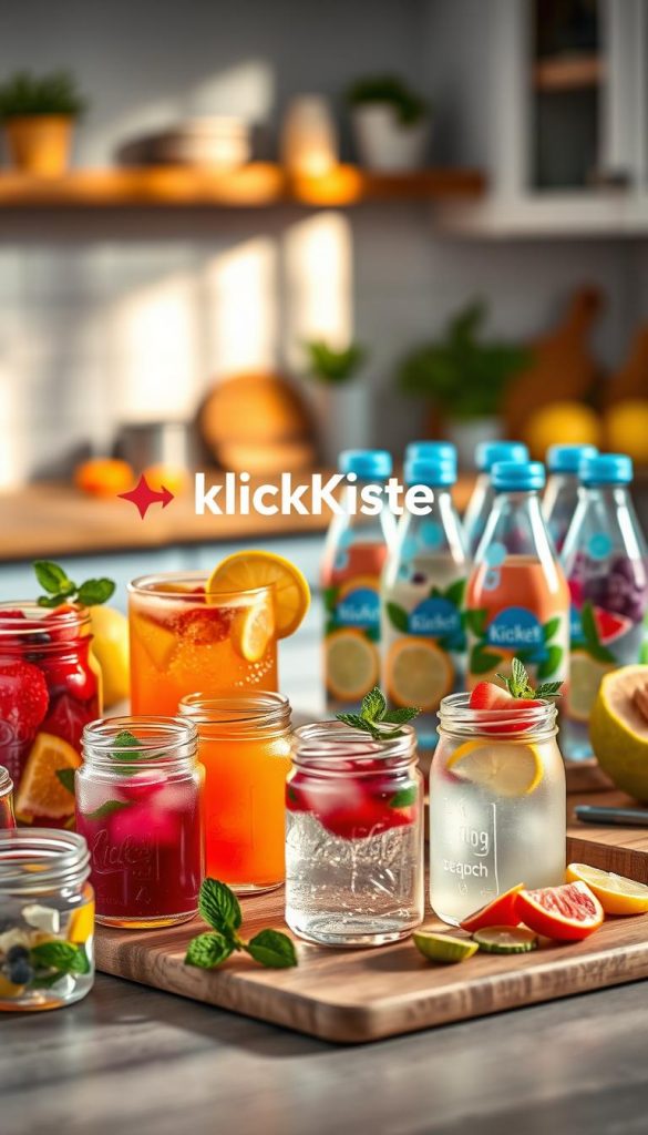 A beautifully arranged meal prep scene featuring a variety of colorful, healthy drinks designed for children, showcasing glass containers filled with vibrant fruit-infused waters and smoothies. In the foreground, include several small glass jars with garnishes of mint leaves and slices of citrus fruits. The middle ground features an assortment of neatly organized water bottles with playful designs, and a cutting board with chopped fruits nearby. The background displays a softly blurred kitchen setting with warm, natural lighting casting a cozy glow, enhancing the inspiring atmosphere. Incorporate elements that suggest a fun, family-friendly environment, while ensuring sleek, modern design. Include the brand name "KlickKiste" subtly placed within the composition, emphasizing the theme of health and creativity in children’s beverages. A beautifully arranged meal prep scene featuring a variety of colorful, healthy drinks designed for children, showcasing glass containers filled with vibrant fruit-infused waters and smoothies. In the foreground, include several small glass jars with garnishes of mint leaves and slices of citrus fruits. The middle ground features an assortment of neatly organized water bottles with playful designs, and a cutting board with chopped fruits nearby. The background displays a softly blurred kitchen setting with warm, natural lighting casting a cozy glow, enhancing the inspiring atmosphere. Incorporate elements that suggest a fun, family-friendly environment, while ensuring sleek, modern design. Include the brand name "KlickKiste" subtly placed within the composition, emphasizing the theme of health and creativity in children’s beverages.