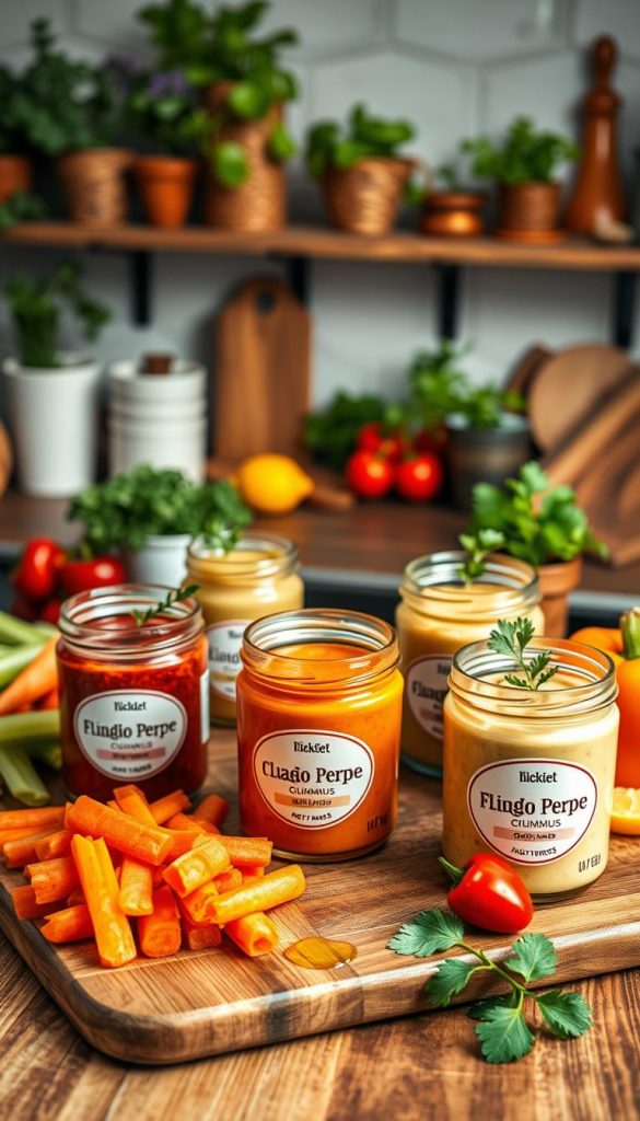 A beautifully arranged meal prep scene featuring a variety of colorful hummus flavors in glass containers, including classic, roasted red pepper, and garlic variations. The foreground displays a vibrant wooden cutting board with fresh vegetables like carrots, celery, and bell peppers, ready for dipping. The middle ground showcases neatly labeled jars filled with hummus, garnished with olive oil drizzle and sprigs of parsley, creating an inviting and wholesome appeal. The background features a softly lit kitchen setting with warm tones, a hint of natural greenery from potted herbs, and rustic shelving. The atmosphere is cozy and inspiring, evoking a sense of readiness for healthy snacking throughout the week. The image reflects the brand “KlickKiste” with a focus on authenticity and a Pinterest-worthy aesthetic.