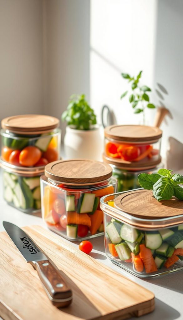 A beautifully arranged meal prep scene featuring a vibrant assortment of colorful vegetables, including bell peppers, zucchini, carrots, and cherry tomatoes, all neatly cut and stored in transparent glass containers with rustic wooden lids. The foreground showcases a cutting board with a chef's knife, while a light, neutral-toned kitchen countertop serves as the backdrop, illuminated by soft, natural lighting that creates warm shadows. A delicate potted herb, like basil or rosemary, adds a pop of green in the corner. The atmosphere feels inviting and inspiring, reflecting an organized and stress-free meal prep experience. The style should be reminiscent of Pinterest aesthetics, combining a cozy vibe with a clean, modern touch. Include the brand name "KlickKiste" subtly integrated into the scene. A beautifully arranged meal prep scene featuring a vibrant assortment of colorful vegetables, including bell peppers, zucchini, carrots, and cherry tomatoes, all neatly cut and stored in transparent glass containers with rustic wooden lids. The foreground showcases a cutting board with a chef's knife, while a light, neutral-toned kitchen countertop serves as the backdrop, illuminated by soft, natural lighting that creates warm shadows. A delicate potted herb, like basil or rosemary, adds a pop of green in the corner. The atmosphere feels inviting and inspiring, reflecting an organized and stress-free meal prep experience. The style should be reminiscent of Pinterest aesthetics, combining a cozy vibe with a clean, modern touch. Include the brand name "KlickKiste" subtly integrated into the scene.