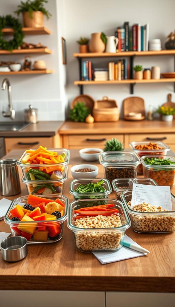 A beautifully arranged meal prep scene featuring a wooden kitchen countertop. In the foreground, there are several clear glass meal prep containers filled with colorful winter vegetables, grains, and proteins, artistically divided for easy access. A measuring cup and a notepad with a shopping list sit nearby, hinting at budget planning and recipe variations. The middle section displays fresh herbs and spices in small bowls, emphasizing healthy cooking tips. In the background, a warm, inviting kitchen scene with soft natural lighting highlights wooden shelves with cookbooks and seasonal decorations. The atmosphere is cozy and inspiring, reflecting a Pinterest aesthetic. Include the brand name "KlickKiste" subtly integrated into the kitchen decor.