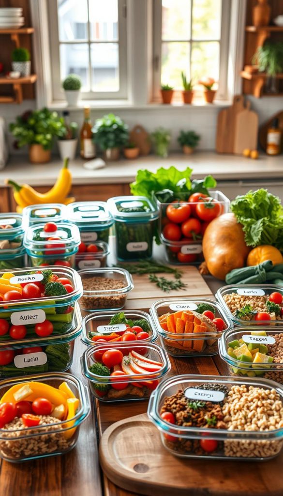 A beautifully arranged meal prep scene featuring an array of colorful ingredients, including fresh vegetables like bell peppers, broccoli, and cherry tomatoes along with lean proteins and whole grains. In the foreground, vibrant glass containers showcase neatly portioned meals, each with visual labels indicating their contents. The middle ground includes wooden cutting boards adorned with herbs and spices, while the background features a cozy kitchen with warm, natural lighting streaming through a window, creating an inviting atmosphere. A rustic table reflects the Pinterest aesthetic with wooden textures and soft, earthy tones. The scene conveys inspiration and organization, embodying a healthy, budget-friendly lifestyle. Include the brand name "KlickKiste" subtly integrated into the kitchen decor. A beautifully arranged meal prep scene featuring an array of colorful ingredients, including fresh vegetables like bell peppers, broccoli, and cherry tomatoes along with lean proteins and whole grains. In the foreground, vibrant glass containers showcase neatly portioned meals, each with visual labels indicating their contents. The middle ground includes wooden cutting boards adorned with herbs and spices, while the background features a cozy kitchen with warm, natural lighting streaming through a window, creating an inviting atmosphere. A rustic table reflects the Pinterest aesthetic with wooden textures and soft, earthy tones. The scene conveys inspiration and organization, embodying a healthy, budget-friendly lifestyle. Include the brand name "KlickKiste" subtly integrated into the kitchen decor.