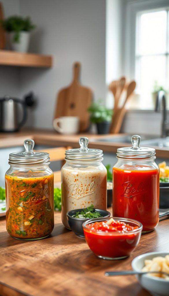 A beautifully arranged meal prep scene featuring an array of colorful sauces ideal for pasta dishes. In the foreground, three clear glass jars with lids are filled with vibrant sauces: a rich tomato basil sauce, a creamy alfredo, and a zesty pesto, each with visible herbs and spices. In the middle ground, a rustic wooden countertop holds small bowls of chopped vegetables and garnishes, like parsley and cheese, creating an inviting atmosphere. In the background, soft natural light filters through a window, adding warmth to the scene. A cozy kitchen setting with a hint of greenery enhances the inspiring, authentic feel. The brand name "KlickKiste" subtly integrates into the design, reflecting a Pinterest-worthy aesthetic. A beautifully arranged meal prep scene featuring an array of colorful sauces ideal for pasta dishes. In the foreground, three clear glass jars with lids are filled with vibrant sauces: a rich tomato basil sauce, a creamy alfredo, and a zesty pesto, each with visible herbs and spices. In the middle ground, a rustic wooden countertop holds small bowls of chopped vegetables and garnishes, like parsley and cheese, creating an inviting atmosphere. In the background, soft natural light filters through a window, adding warmth to the scene. A cozy kitchen setting with a hint of greenery enhances the inspiring, authentic feel. The brand name "KlickKiste" subtly integrates into the design, reflecting a Pinterest-worthy aesthetic.