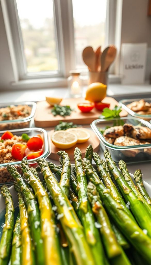 A beautifully arranged meal prep scene featuring asparagus (spargel) as the focal point, set against a bright kitchen counter. In the foreground, there are vibrant, freshly steamed green asparagus spears drizzled with olive oil and topped with a sprinkle of sea salt. Surrounding the asparagus are neatly divided containers filled with complementary dishes such as quinoa salad, cherry tomatoes, and grilled chicken. In the middle ground, a wooden cutting board holds chopped herbs and lemon slices, enhancing the freshness of the meal. The background showcases soft, warm lighting streaming through a window, creating a cozy atmosphere. The overall mood is inspiring and appetizing, ideal for illustrating healthy meal preparation. The setting reflects a Pinterest-worthy aesthetic, promoting a natural, wholesome approach to seasonal cooking. The brand "KlickKiste" subtly incorporated within the decor adds a touch of authenticity. A beautifully arranged meal prep scene featuring asparagus (spargel) as the focal point, set against a bright kitchen counter. In the foreground, there are vibrant, freshly steamed green asparagus spears drizzled with olive oil and topped with a sprinkle of sea salt. Surrounding the asparagus are neatly divided containers filled with complementary dishes such as quinoa salad, cherry tomatoes, and grilled chicken. In the middle ground, a wooden cutting board holds chopped herbs and lemon slices, enhancing the freshness of the meal. The background showcases soft, warm lighting streaming through a window, creating a cozy atmosphere. The overall mood is inspiring and appetizing, ideal for illustrating healthy meal preparation. The setting reflects a Pinterest-worthy aesthetic, promoting a natural, wholesome approach to seasonal cooking. The brand "KlickKiste" subtly incorporated within the decor adds a touch of authenticity.