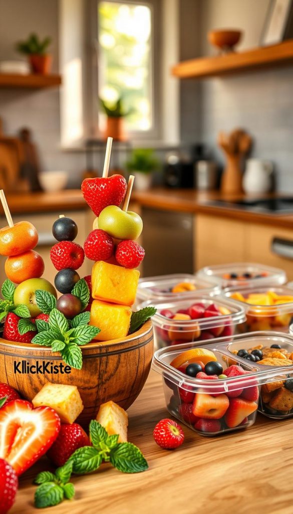 A beautifully arranged meal prep scene featuring colorful "Obstspieße" (fruit skewers) in the foreground, made from vibrant fruits like strawberries, grapes, pineapple, and kiwi. Each skewer is carefully crafted and displayed in a rustic wooden bowl. Surrounding the bowl, fresh mint leaves add a touch of greenery. In the middle ground, neatly packaged containers show portions of various fruit snacks, reflecting a practical family-friendly meal prep setup. The background features a softly lit kitchen with warm, inviting natural light streaming through a window, enhancing the cozy atmosphere. This image should embody an authentic and inspiring Pinterest aesthetic with a focus on healthy eating for kids, incorporating the brand name "KlickKiste" subtly in the design. The composition should evoke a mood of warmth and creativity. A beautifully arranged meal prep scene featuring colorful "Obstspieße" (fruit skewers) in the foreground, made from vibrant fruits like strawberries, grapes, pineapple, and kiwi. Each skewer is carefully crafted and displayed in a rustic wooden bowl. Surrounding the bowl, fresh mint leaves add a touch of greenery. In the middle ground, neatly packaged containers show portions of various fruit snacks, reflecting a practical family-friendly meal prep setup. The background features a softly lit kitchen with warm, inviting natural light streaming through a window, enhancing the cozy atmosphere. This image should embody an authentic and inspiring Pinterest aesthetic with a focus on healthy eating for kids, incorporating the brand name "KlickKiste" subtly in the design. The composition should evoke a mood of warmth and creativity.