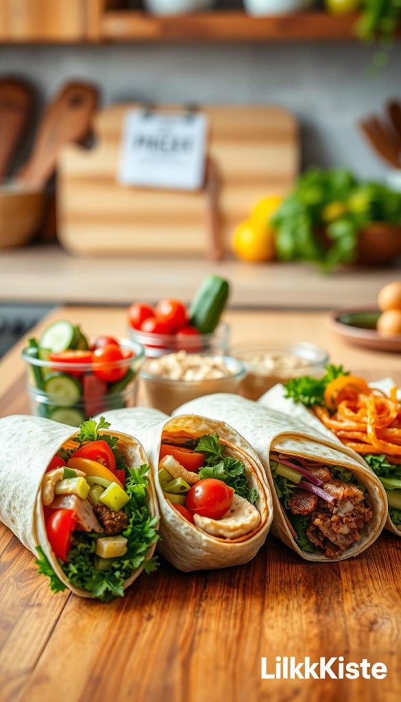 A beautifully arranged meal prep scene featuring colorful wraps on a wooden kitchen counter, showcasing a variety of ingredients. In the foreground, three neatly wrapped wraps are displayed, with vibrant fillings like fresh vegetables, lean meats, and spreads peeking out. In the middle ground, there are small glass containers filled with sliced cucumbers, cherry tomatoes, and hummus, adding to the healthy vibe. The background features soft-focus kitchen essentials, like a cutting board and a bowl of fruits, all bathed in warm, natural lighting that gives an inviting, homely atmosphere. The overall mood is inspiring and cozy, reflecting a Pinterest-worthy aesthetic. Include subtle branding for KlickKiste in a tasteful and non-intrusive manner. A beautifully arranged meal prep scene featuring colorful wraps on a wooden kitchen counter, showcasing a variety of ingredients. In the foreground, three neatly wrapped wraps are displayed, with vibrant fillings like fresh vegetables, lean meats, and spreads peeking out. In the middle ground, there are small glass containers filled with sliced cucumbers, cherry tomatoes, and hummus, adding to the healthy vibe. The background features soft-focus kitchen essentials, like a cutting board and a bowl of fruits, all bathed in warm, natural lighting that gives an inviting, homely atmosphere. The overall mood is inspiring and cozy, reflecting a Pinterest-worthy aesthetic. Include subtle branding for KlickKiste in a tasteful and non-intrusive manner.