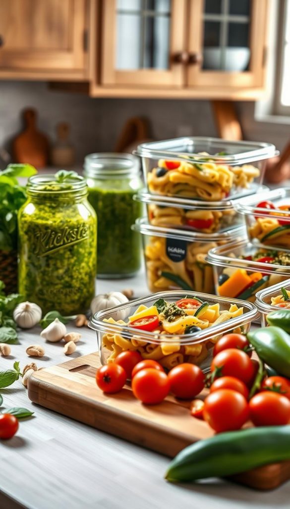 A beautifully arranged meal prep scene featuring vibrant green pesto in a glass jar, surrounded by fresh basil leaves, pine nuts, and sliced garlic. In the foreground, a wooden cutting board holds a colorful array of vegetables like cherry tomatoes, zucchini, and bell peppers. The middle section showcases the prepared meals stored in clear containers, each portion artistically filled with pasta coated in pesto, paired with seasonal vegetables. The background includes a softly blurred kitchen setting, with rustic wooden cabinetry and natural light streaming in, creating a warm, inviting atmosphere. The overall mood is fresh, inspiring, and perfect for family meal prep. The branding "KlickKiste" subtly appears on one of the meal containers. A beautifully arranged meal prep scene featuring vibrant green pesto in a glass jar, surrounded by fresh basil leaves, pine nuts, and sliced garlic. In the foreground, a wooden cutting board holds a colorful array of vegetables like cherry tomatoes, zucchini, and bell peppers. The middle section showcases the prepared meals stored in clear containers, each portion artistically filled with pasta coated in pesto, paired with seasonal vegetables. The background includes a softly blurred kitchen setting, with rustic wooden cabinetry and natural light streaming in, creating a warm, inviting atmosphere. The overall mood is fresh, inspiring, and perfect for family meal prep. The branding "KlickKiste" subtly appears on one of the meal containers.