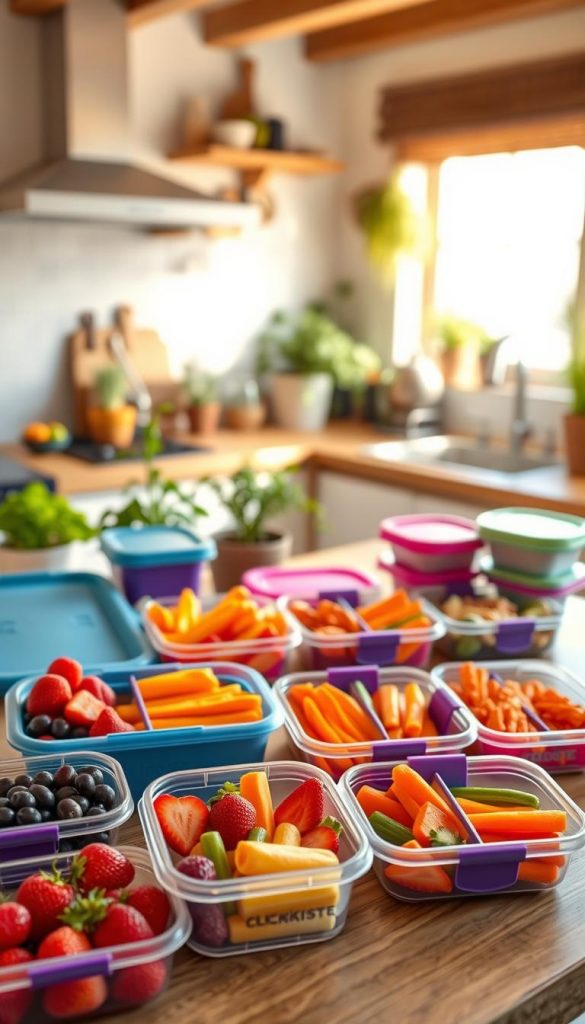 A beautifully arranged meal prep scene featuring vibrant, nutritious kids' snacks in various reusable containers, all inspired by the brand "KlickKiste." In the foreground, colorful fruits like grapes, strawberries, and carrot sticks are neatly packed into a variety of eco-friendly storage options. In the middle, an appealing wooden table is set with a mix of these containers, showcasing a selection of healthy and kid-friendly snacks. The background features a softly blurred kitchen setting with warm lighting enhancing the inviting atmosphere, accented by natural elements like potted herbs and a sunny window. The overall look is not only aesthetically pleasing but also practical, conveying a sense of organization and food safety for parents on the go. A beautifully arranged meal prep scene featuring vibrant, nutritious kids' snacks in various reusable containers, all inspired by the brand "KlickKiste." In the foreground, colorful fruits like grapes, strawberries, and carrot sticks are neatly packed into a variety of eco-friendly storage options. In the middle, an appealing wooden table is set with a mix of these containers, showcasing a selection of healthy and kid-friendly snacks. The background features a softly blurred kitchen setting with warm lighting enhancing the inviting atmosphere, accented by natural elements like potted herbs and a sunny window. The overall look is not only aesthetically pleasing but also practical, conveying a sense of organization and food safety for parents on the go.