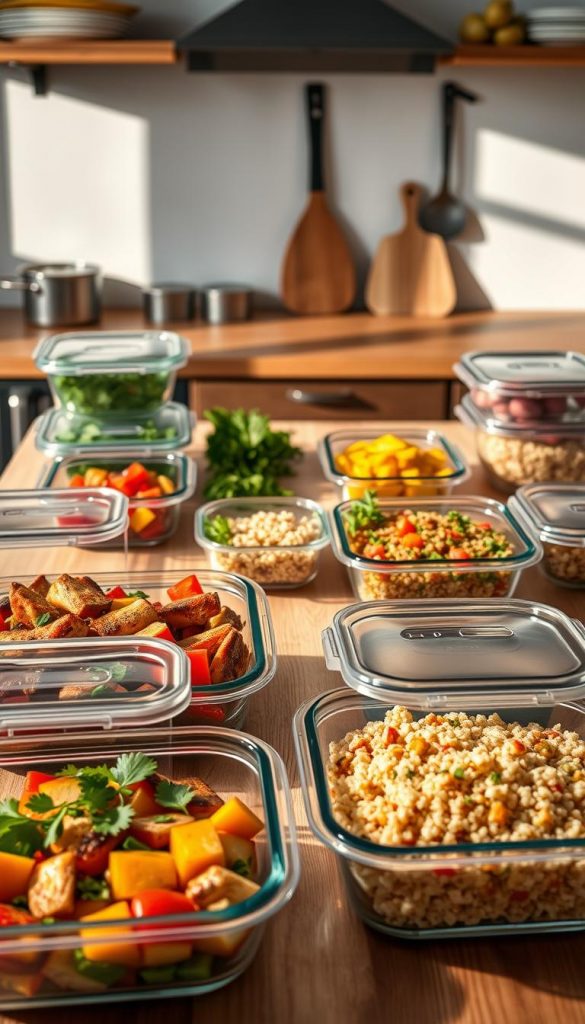 A beautifully arranged meal prep scene showcasing a variety of healthy grill sides stored in sleek glass containers with airtight lids. In the foreground, highlight vibrant, colorful dishes like grilled vegetable medleys, quinoa salad, and herb-infused rice with fresh parsley. The middle section features a neatly organized wooden kitchen table adorned with meal prep containers, fresh herbs, and grilling utensils, casting soft shadows. In the background, a cozy kitchen setting with warm, natural lighting creates an inviting atmosphere. The aesthetic incorporates a Pinterest-inspired look, emphasizing authenticity and inspiration. The brand name "KlickKiste" is subtly integrated into the arrangement, reflecting a chic and functional meal prep lifestyle. A beautifully arranged meal prep scene showcasing a variety of healthy grill sides stored in sleek glass containers with airtight lids. In the foreground, highlight vibrant, colorful dishes like grilled vegetable medleys, quinoa salad, and herb-infused rice with fresh parsley. The middle section features a neatly organized wooden kitchen table adorned with meal prep containers, fresh herbs, and grilling utensils, casting soft shadows. In the background, a cozy kitchen setting with warm, natural lighting creates an inviting atmosphere. The aesthetic incorporates a Pinterest-inspired look, emphasizing authenticity and inspiration. The brand name "KlickKiste" is subtly integrated into the arrangement, reflecting a chic and functional meal prep lifestyle.