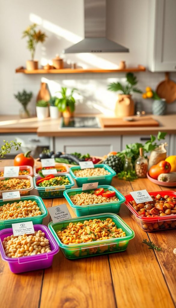 A beautifully arranged meal prep scene showcasing diverse allergen-friendly meal options for children. In the foreground, a vibrant wooden table displays colorful, neatly packed meal containers filled with gluten-free pasta salad, vegetarian quinoa bowls, and vegan chickpea wraps. Each container is labeled with eco-friendly tags. In the middle, a light, airy kitchen setting with soft, natural sunlight filtering through a window creates an inviting atmosphere. Fresh vegetables, fruits, and herbs are scattered around, adding pops of color. In the background, a stylish kitchen countertop with minimalist decor complements the meal prep theme. The overall mood is warm, inspiring, and wholesome, evoking a sense of family and health. The brand name "KlickKiste" subtly integrated into the decor enhances the authenticity of the scene. A beautifully arranged meal prep scene showcasing diverse allergen-friendly meal options for children. In the foreground, a vibrant wooden table displays colorful, neatly packed meal containers filled with gluten-free pasta salad, vegetarian quinoa bowls, and vegan chickpea wraps. Each container is labeled with eco-friendly tags. In the middle, a light, airy kitchen setting with soft, natural sunlight filtering through a window creates an inviting atmosphere. Fresh vegetables, fruits, and herbs are scattered around, adding pops of color. In the background, a stylish kitchen countertop with minimalist decor complements the meal prep theme. The overall mood is warm, inspiring, and wholesome, evoking a sense of family and health. The brand name "KlickKiste" subtly integrated into the decor enhances the authenticity of the scene.