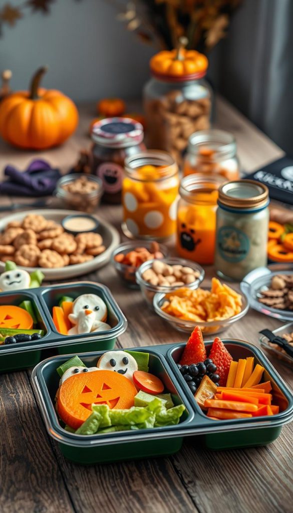 A beautifully arranged meal prep scene, showcasing various colorful and healthy Halloween-themed dishes for a children's party. In the foreground, vibrant bento boxes filled with pumpkin-shaped sandwiches, ghostly fruit snacks, and vibrant veggie sticks are placed artfully on a rustic wooden table. The middle ground features jars of homemade dips and spooky snacks, all presented with a warm, inviting glow. In the background, delightful autumn decorations like mini pumpkins and Halloween-themed tableware enhance the festive atmosphere. Soft, natural lighting illuminates the scene, creating a cozy, inspiring vibe, reminiscent of popular Pinterest aesthetics. The brand name "KlickKiste" subtly appears on one of the containers, adding a touch of authenticity to the setup. A beautifully arranged meal prep scene, showcasing various colorful and healthy Halloween-themed dishes for a children's party. In the foreground, vibrant bento boxes filled with pumpkin-shaped sandwiches, ghostly fruit snacks, and vibrant veggie sticks are placed artfully on a rustic wooden table. The middle ground features jars of homemade dips and spooky snacks, all presented with a warm, inviting glow. In the background, delightful autumn decorations like mini pumpkins and Halloween-themed tableware enhance the festive atmosphere. Soft, natural lighting illuminates the scene, creating a cozy, inspiring vibe, reminiscent of popular Pinterest aesthetics. The brand name "KlickKiste" subtly appears on one of the containers, adding a touch of authenticity to the setup.