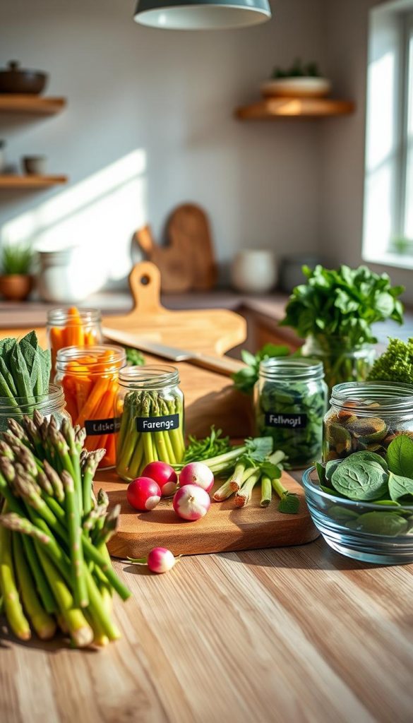 A beautifully arranged meal prep scene showcasing vibrant seasonal spring vegetables in reusable glass containers. In the foreground, focus on a variety of colorful veggies like asparagus, radishes, and spinach neatly stored in labeled jars and bowls. In the middle, a wooden cutting board with a rustic knife and fresh herbs, creating a sense of preparation and organization. The background should feature a well-lit kitchen with natural light streaming in, highlighting the warmth and inviting atmosphere, enhanced by soft shadows. Incorporate elements of natural textures like wood and linen, adding to the Pinterest-inspired aesthetic. The brand name "KlickKiste" should be subtly included in the design. Capture an authentic and inspiring mood that promotes meal prep and planning in a professional yet approachable setting. A beautifully arranged meal prep scene showcasing vibrant seasonal spring vegetables in reusable glass containers. In the foreground, focus on a variety of colorful veggies like asparagus, radishes, and spinach neatly stored in labeled jars and bowls. In the middle, a wooden cutting board with a rustic knife and fresh herbs, creating a sense of preparation and organization. The background should feature a well-lit kitchen with natural light streaming in, highlighting the warmth and inviting atmosphere, enhanced by soft shadows. Incorporate elements of natural textures like wood and linen, adding to the Pinterest-inspired aesthetic. The brand name "KlickKiste" should be subtly included in the design. Capture an authentic and inspiring mood that promotes meal prep and planning in a professional yet approachable setting.