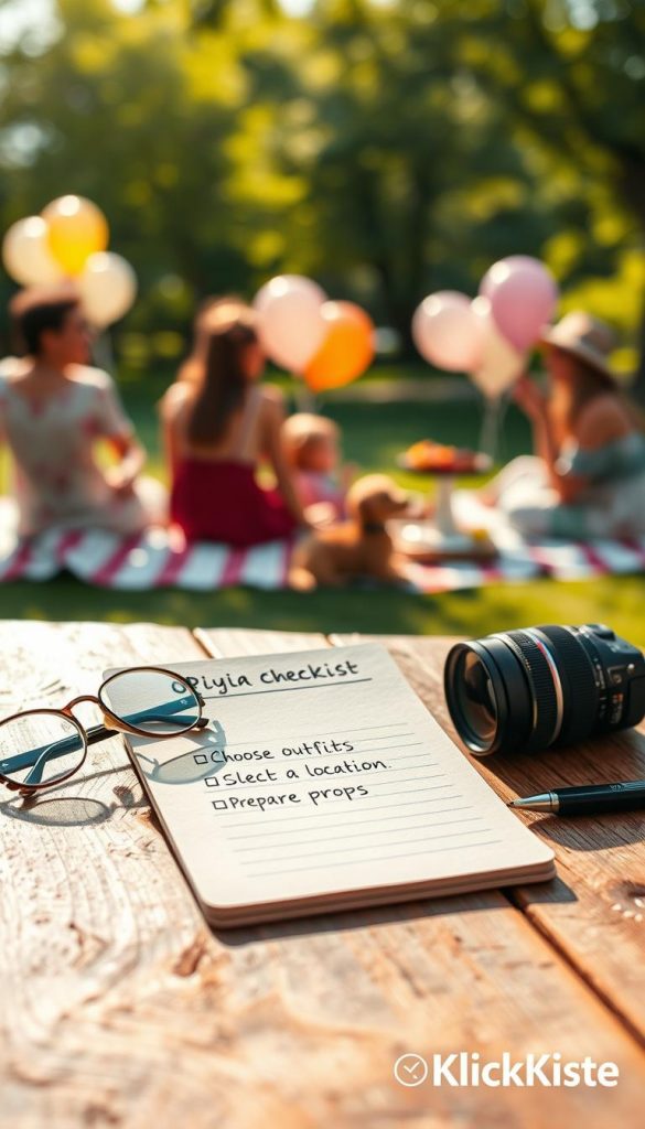 A beautifully arranged mini-checklist for a family photoshoot is placed on a rustic wooden table, surrounded by soft, natural lighting that casts warm tones. The checklist features neatly written items like "Choose outfits," "Select a location," and "Prepare props," all clearly visible with a cozy, inviting texture. In the foreground, a pair of stylish eyeglasses and a camera lens sit beside the checklist, suggesting readiness for the shoot. In the background, a blurred scene of a family enjoying a picnic in a sunlit park adds to the atmosphere, filled with greenery and soft, colorful props—balloons and a picnic blanket. The image reflects an authentic, inspiring mood, perfect for a family-focused theme, branding the scene with a subtle watermark of "KlickKiste" in the corner.