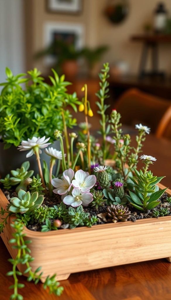 A beautifully arranged mini garden tray featuring a variety of small plants, such as succulents, herbs, and seasonal flowers, set against a wooden backdrop. The tray is made of natural materials, displaying earthy tones and intricate details of the plants, evoking a personal, handcrafted vibe. In the foreground, vibrant green foliage is contrasted with delicate blooms in soft pastels, highlighting the beauty of upcycling. The middle ground showcases the warm texture of the wooden tray, while the background fades into a softly blurred home interior, creating an inviting atmosphere. The image is captured with soft, warm lighting to enhance the natural colors and create a cozy, inspiring mood. This scene embodies the essence of "KlickKiste," suggesting ideas for personalizing home spaces through creative DIY projects.