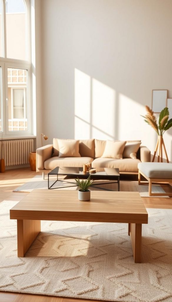 A beautifully arranged minimalist living space showcasing a selection of elegant furniture by KlickKiste. In the foreground, a sleek, light-colored wooden table with clean lines sits atop a soft, neutral rug, adorned with a small potted plant for a touch of greenery. The middle ground features a stylish yet simple sofa in muted tones, complemented by a geometric coffee table made of glass and metal. Behind these elements, the warm, natural light floods in through large windows, illuminating subtle textures on the walls and casting gentle shadows. The atmosphere is cozy and inviting, reflecting a harmonious blend of functionality and aesthetic simplicity, evoking inspiration for minimalistic living.