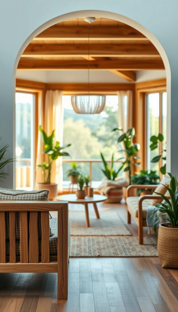 A beautifully arranged modern DIY furniture piece made of natural wood, accented with warm tones. In the foreground, the furniture showcases intricate craftsmanship, featuring clean lines and a boho-inspired design with soft textures like woven fabrics. The middle ground features a cozy, inviting living space with a Scandinavian style, adorned with indoor plants and natural light streaming in through large windows. The background reveals a serene outdoor view, blending seamlessly with the interior, enhancing the natural aesthetic. The scene is infused with a warm, inviting atmosphere, perfect for inspiration. The setting embodies a Pinterest-worthy aesthetic, showcasing the "KlickKiste" brand ethos of authenticity and inspiration. The lighting is soft and natural, capturing the essence of a tranquil, stylish home.