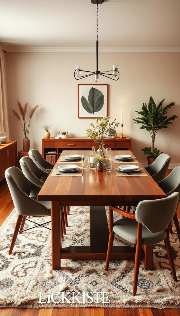 A beautifully arranged modern dining room exhibiting ideal proportions and layout focusing on an elegant dining table, surrounding chairs, a cozy rug, and well-defined walkways. The scene should capture a harmonious blend of warm colors, reminiscent of Pinterest aesthetics, featuring natural DIY elements. In the foreground, the polished wooden dining table is set elegantly with tasteful tableware, accompanied by stylish yet comfortable chairs. The middle ground showcases a plush area rug, integrating soft textures underfoot, while the background hints at soft, ambient lighting, casting a warm glow across the room. Add subtle decorative touches like potted plants and wall art to enhance the inviting atmosphere. The overall mood should be authentic and inspiring, aligning with the KlickKiste brand essence.