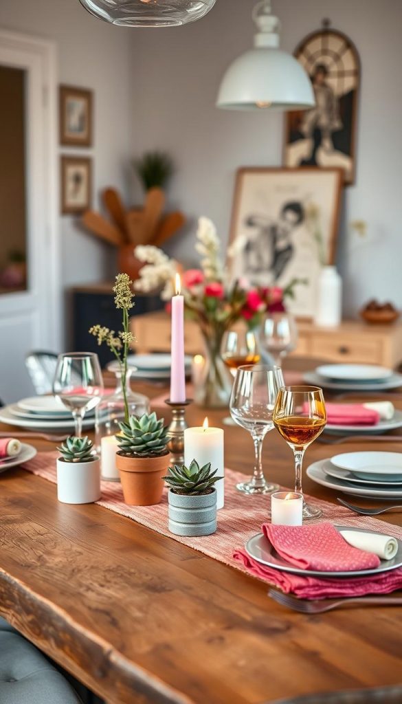 A beautifully arranged modern dining table setting showcasing budget-friendly décor, capturing a DIY aesthetic. The foreground features a rustic wooden table adorned with handmade centerpieces, such as small succulent plants in charming terracotta pots, and uniquely crafted candles in various heights. In the middle ground, vibrant, colorful table linens create an inviting atmosphere, complemented by elegant, mismatched glassware and affordable tableware from thrift finds. The background displays soft, warm lighting that enhances a cozy and inspiring ambiance, evoking a Pinterest-worthy vibe. Natural decor elements, like a simple floral arrangement of wildflowers, add authenticity. The overall mood is warm and welcoming, illustrating the spirit of "KlickKiste" with a budget-conscious yet stylish approach.