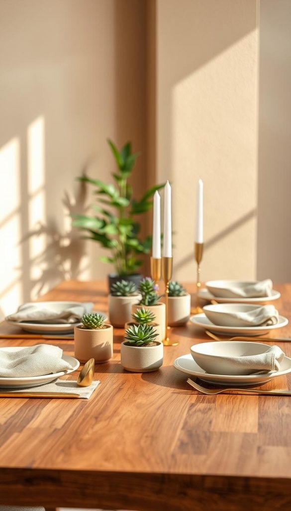 A beautifully arranged modern table decoration featuring vibrant colors and a mix of natural materials. The foreground showcases an elegant wooden table set with earthy linen napkins, minimalist ceramics in soft tones, and small potted succulents. In the middle ground, add intricate gold accents, such as cutlery and candle holders, enhancing the visual contrast. The background features a subtle textured wall in warm beige hues, providing a cozy atmosphere. Soft, natural lighting filters in, casting gentle shadows to create depth. Use a slightly elevated angle to capture the full essence of the table setting, ensuring a Pinterest-inspired aesthetic. This image reflects the theme of "KlickKiste," embodying authenticity and inspiration with warm colors and a touch of elegance.