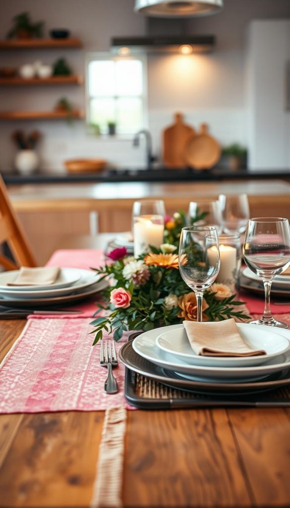 A beautifully arranged modern table setting featuring a harmonious mix of styles and proportions. In the foreground, a rustic wooden table adorned with a mix of vibrant and muted colored table runners and textured tableware, showcasing an artistic balance. The middle ground features elegantly styled plates with fresh flowers and greenery accents, embodying a natural DIY aesthetic with warm colors. Sophisticated glassware and subtle candlelight create an inviting atmosphere for dining. The background displays a softly blurred, warm-lit kitchen or dining space that enhances the cozy vibe, reminiscent of Pinterest aesthetics. Captured with a soft-focus effect using a 50mm lens, the overall mood is authentic, inspiring, and meticulously curated, echoing the brand "KlickKiste."